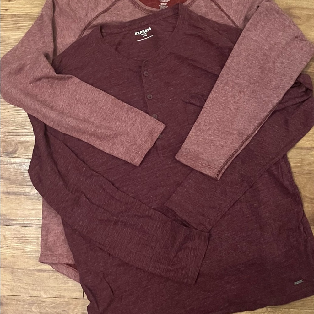 1 Express & 1 Howe Brand Burgundy Long Sleeve Henley Shirt BUNDLE